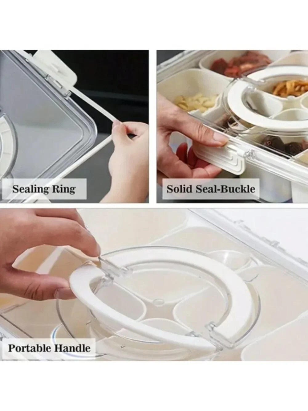 Divided Snack Serving Tray With Lid Handle Portable Food Storage Organizer Bin
